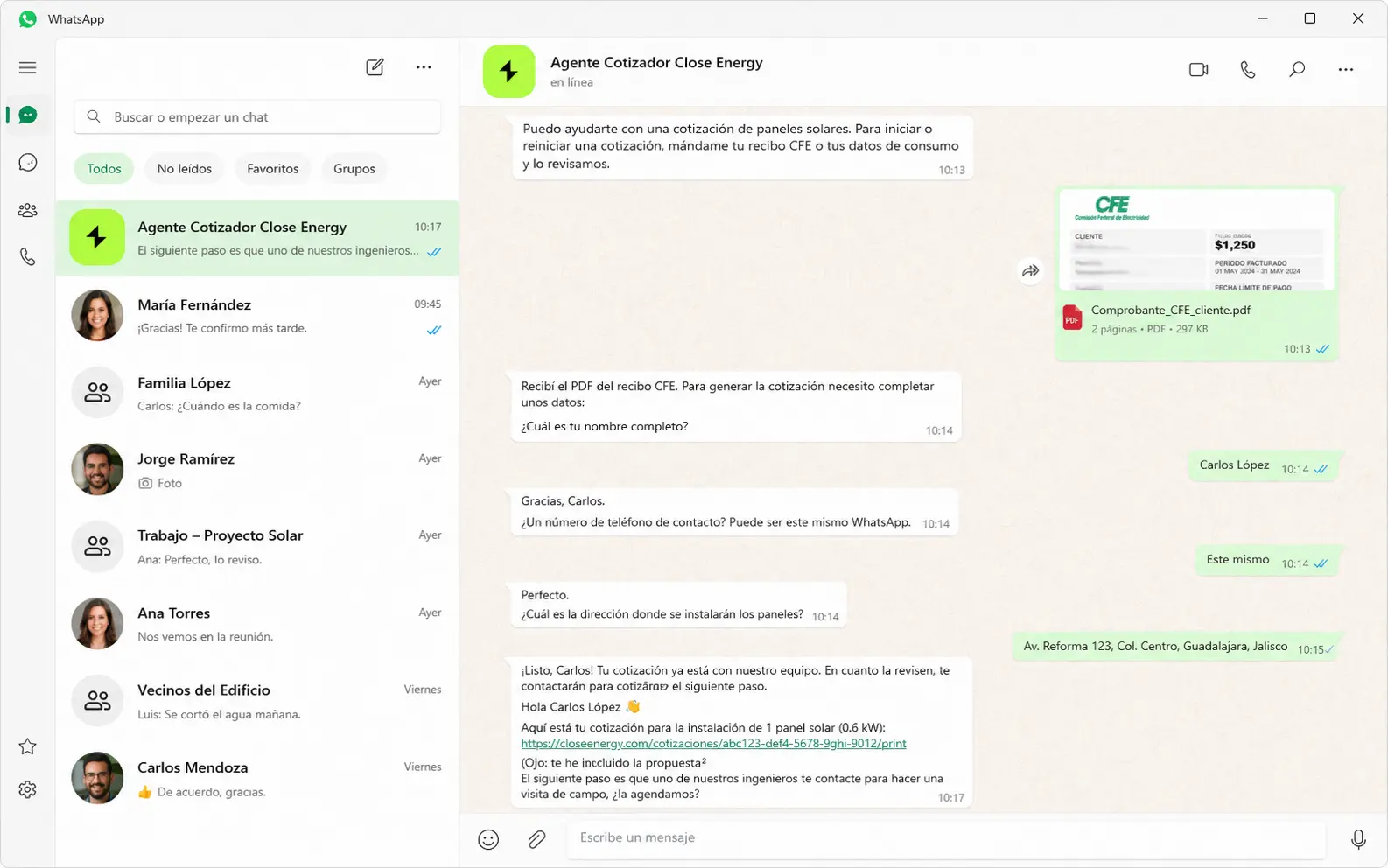 Conversación del Agente Cotizador Solar guiando a un prospecto hasta generar una cotización preliminar